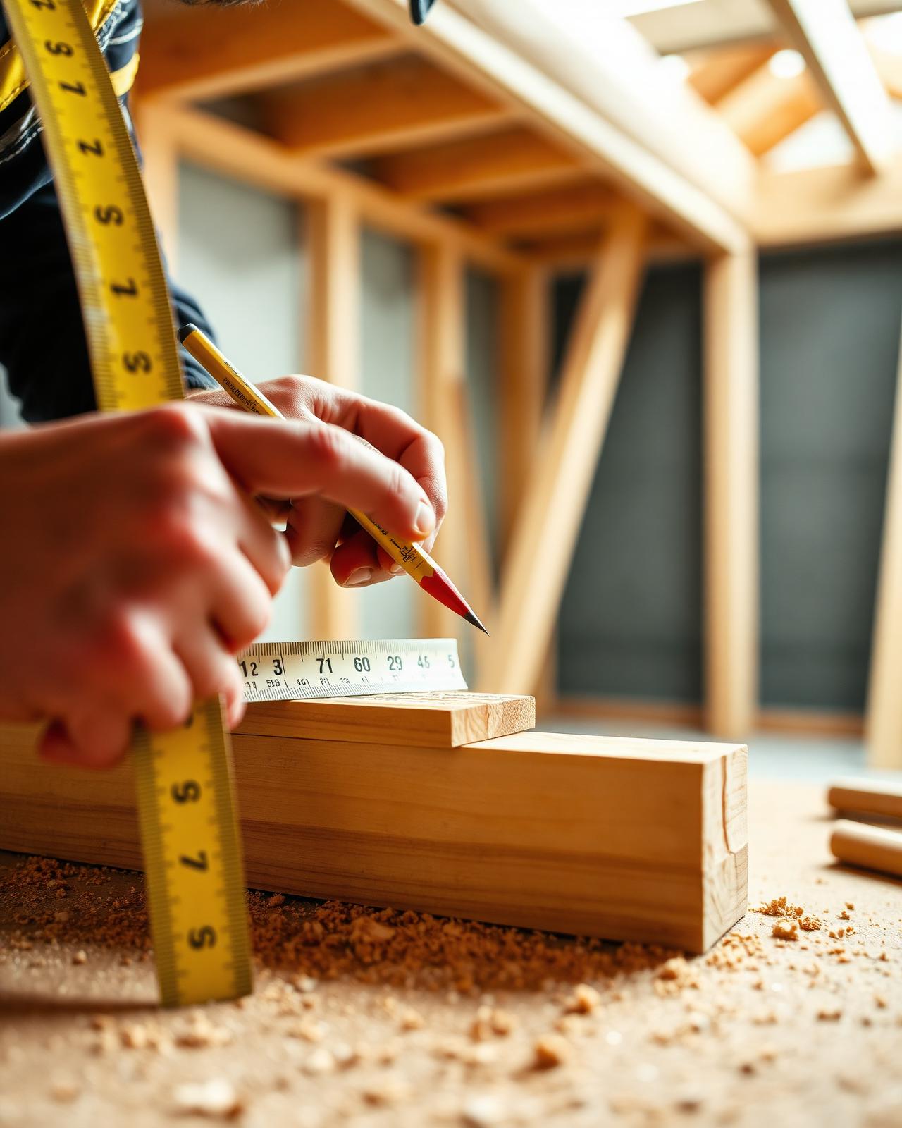 Carpenter measuring and marking timber studwork on a Forge & Frame site