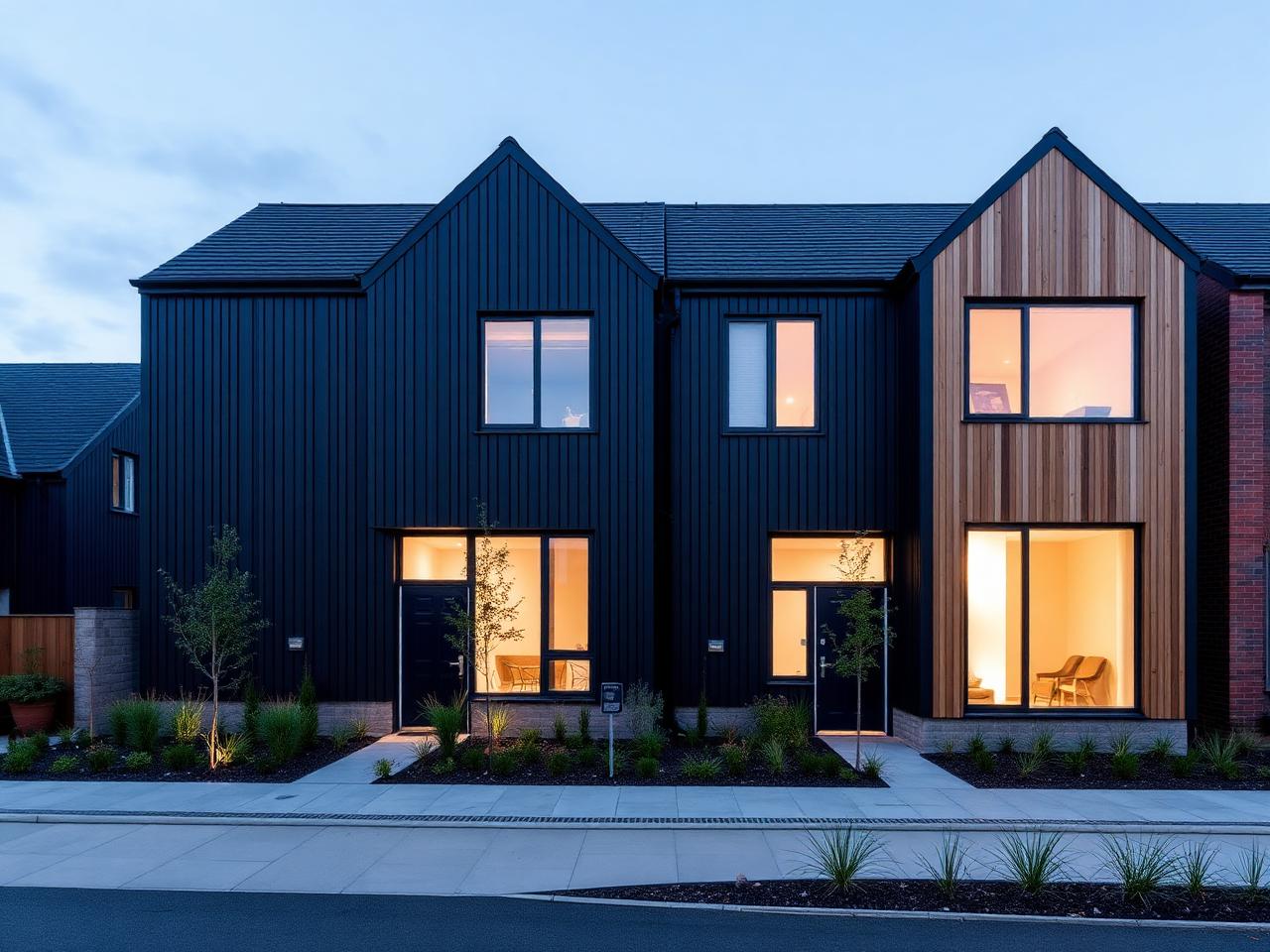 Exterior of two modern dark-clad residential units at dusk