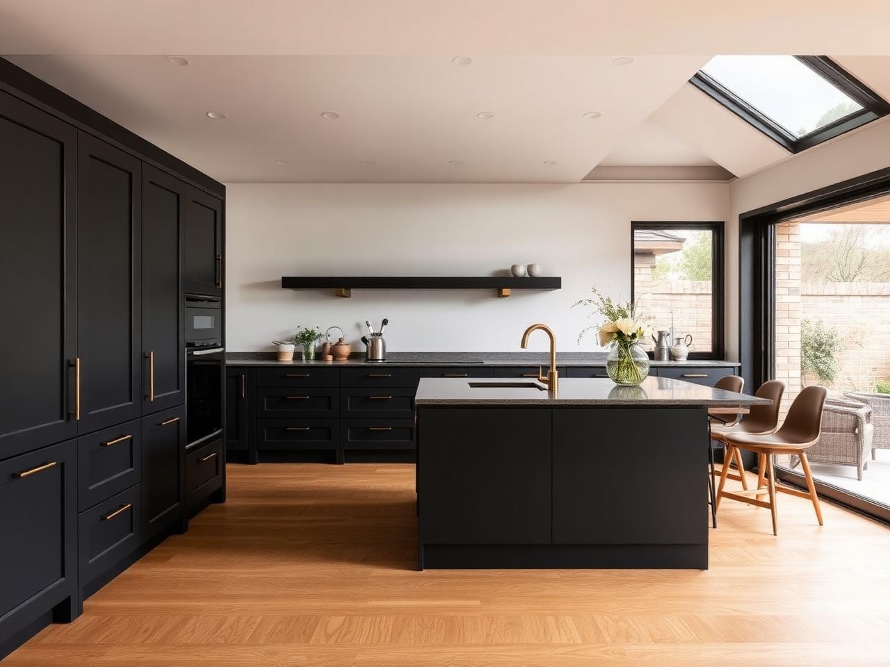 Open-plan kitchen extension with dark cabinetry, oak flooring and sliding doors to a garden