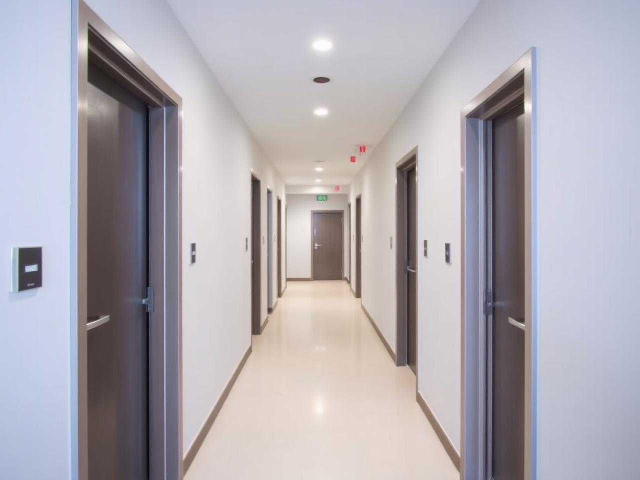 Newly finished corridor in a converted multi-room rental property with several room doors