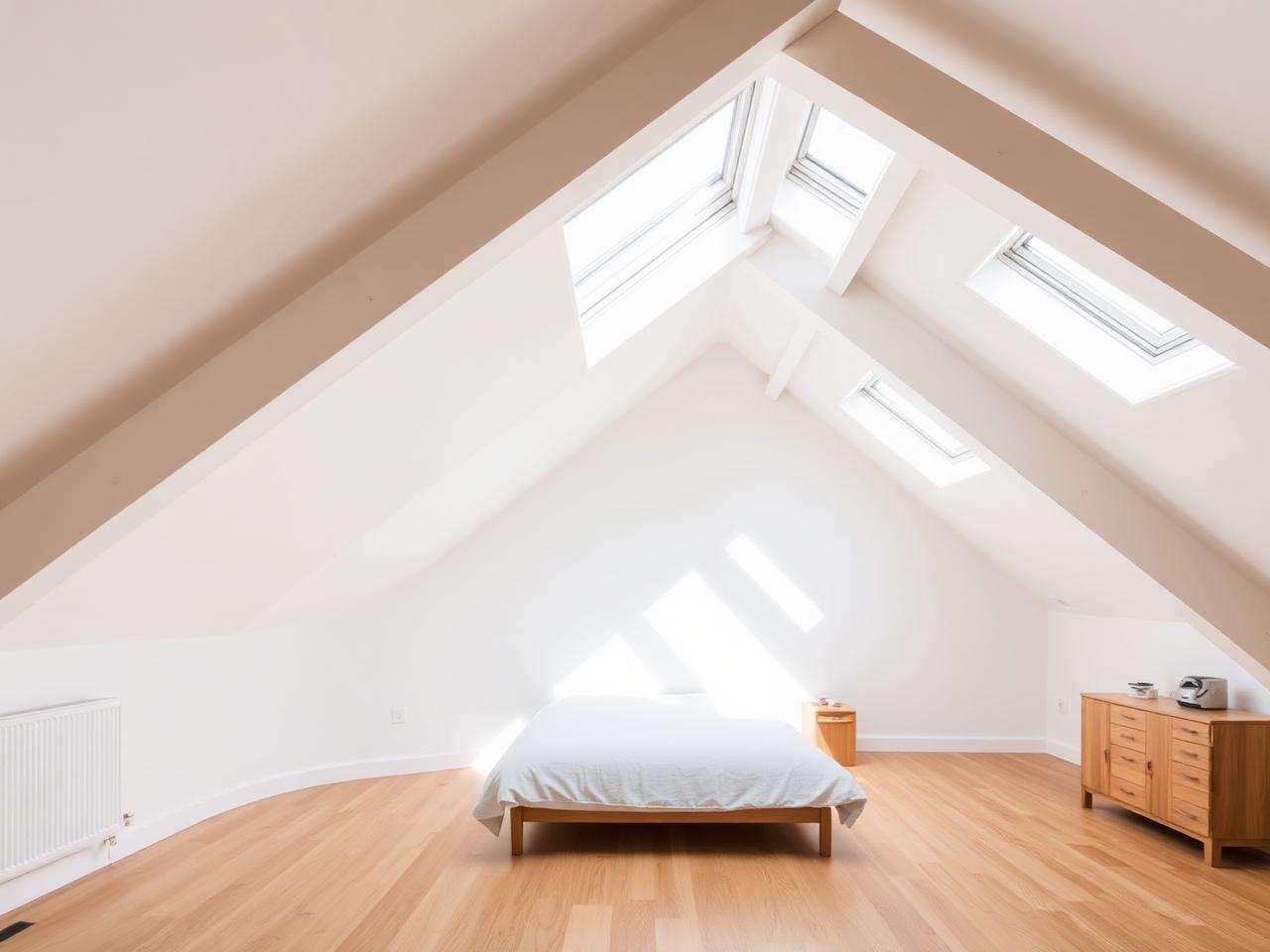 Converted loft bedroom with vaulted ceiling, rooflights and oak flooring