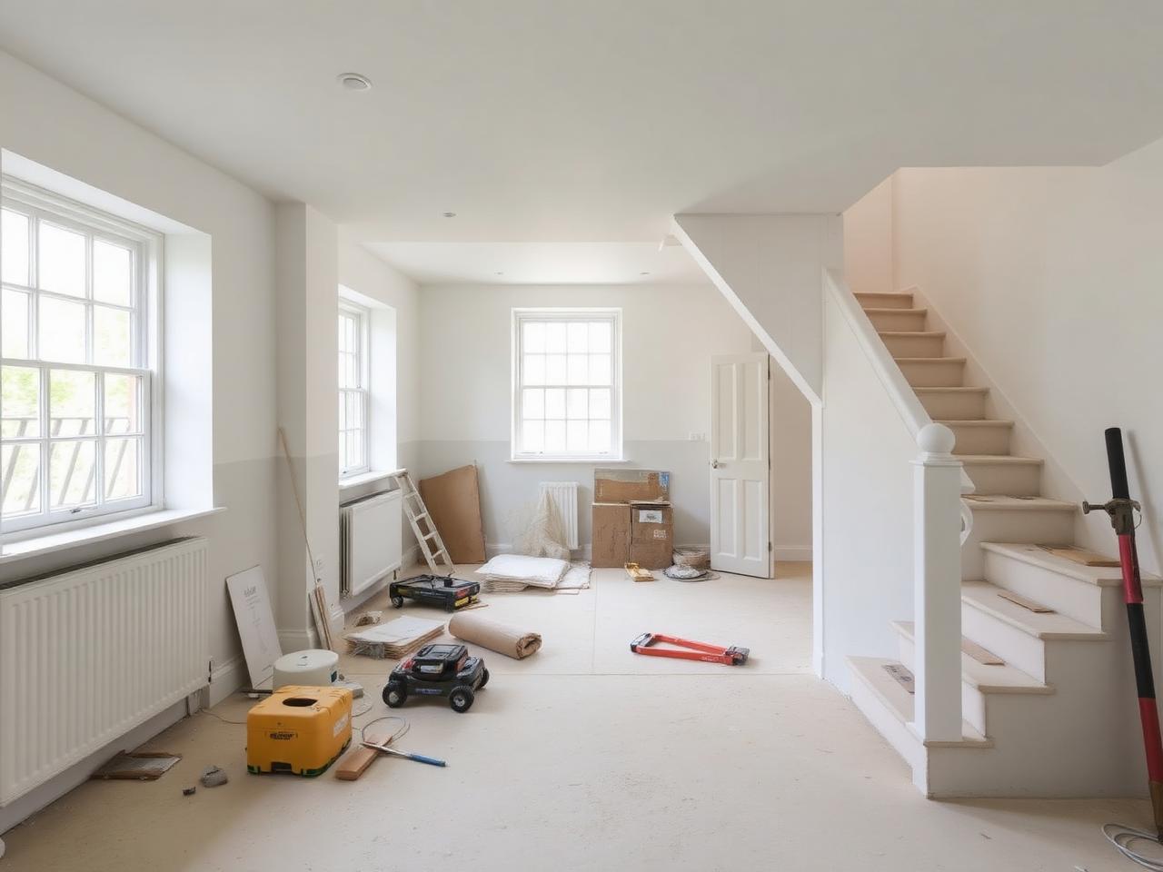 Interior of a house mid-renovation with freshly plastered walls and a new staircase