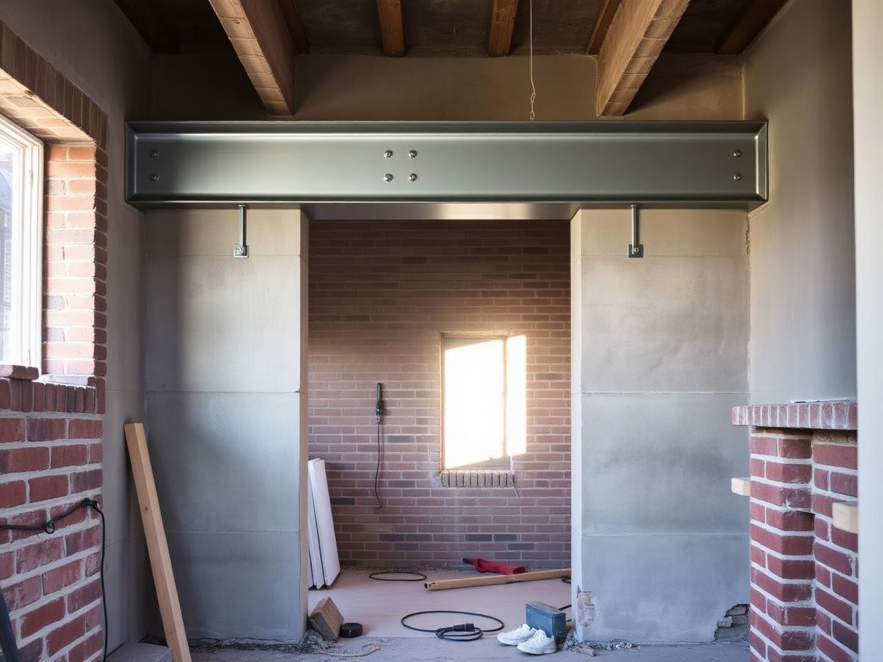 Steel beam installed above a new structural opening between two rooms